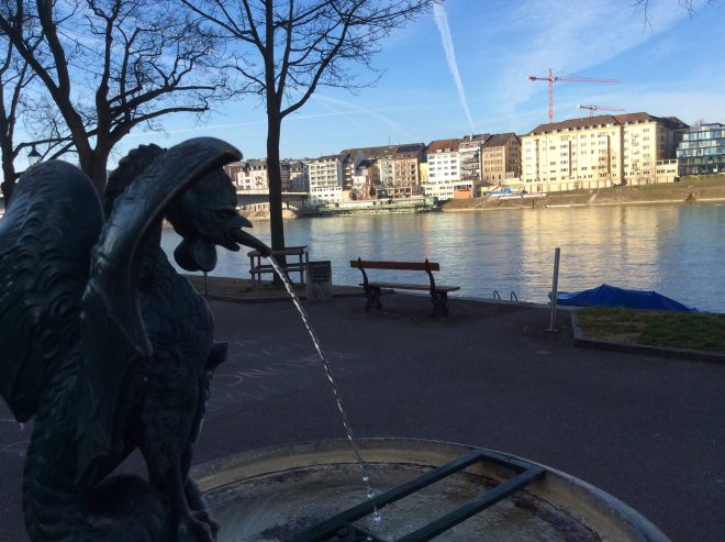 A Basilisk fountain along the Rhine in Basel.