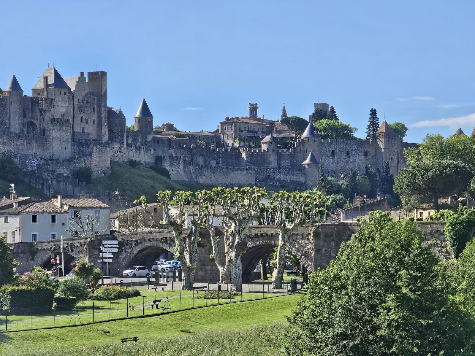 The medieval walls and towers of Carcassonne seen across the river