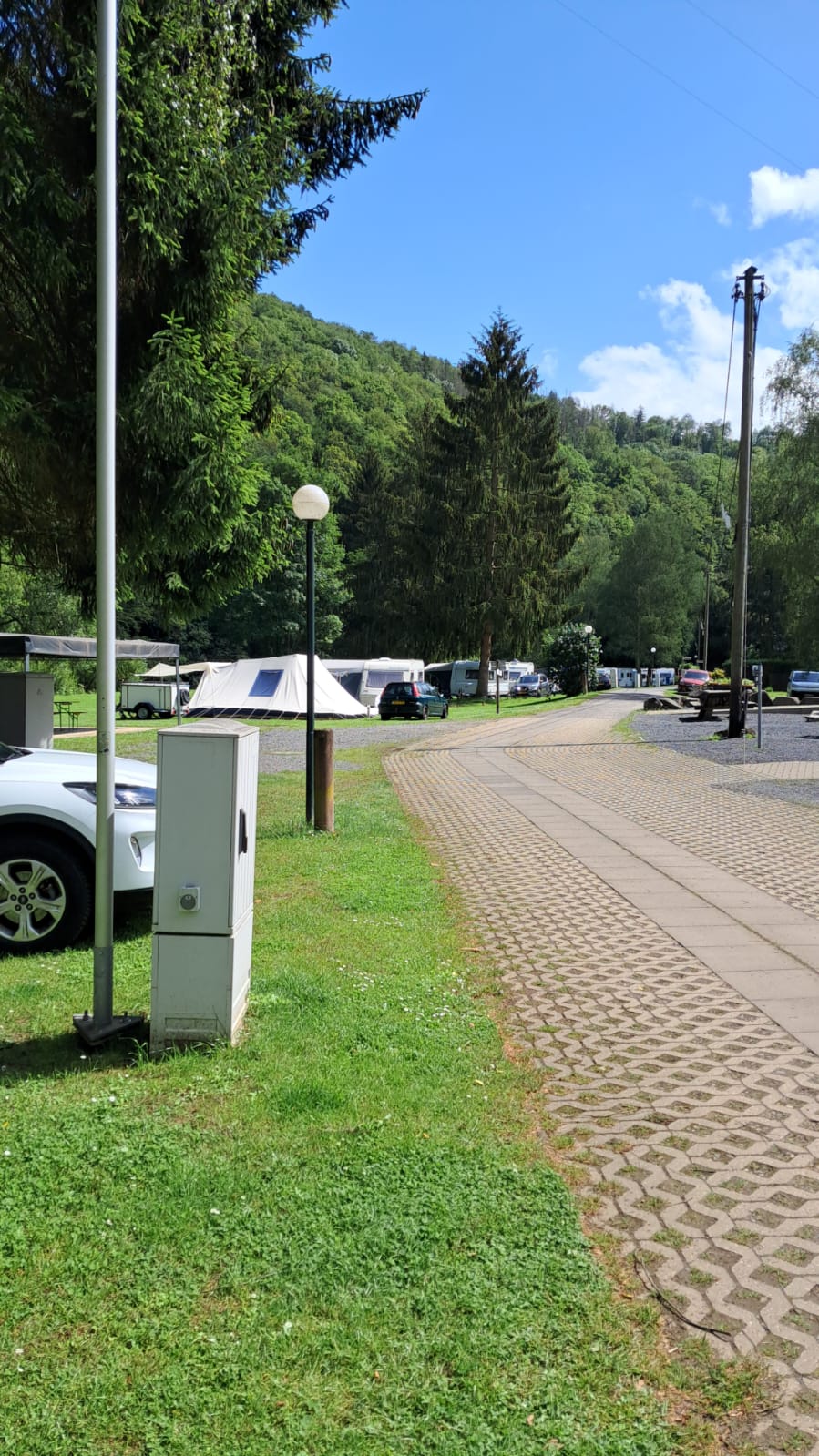 A motorhome pitch on a French campsite, bordered by trees