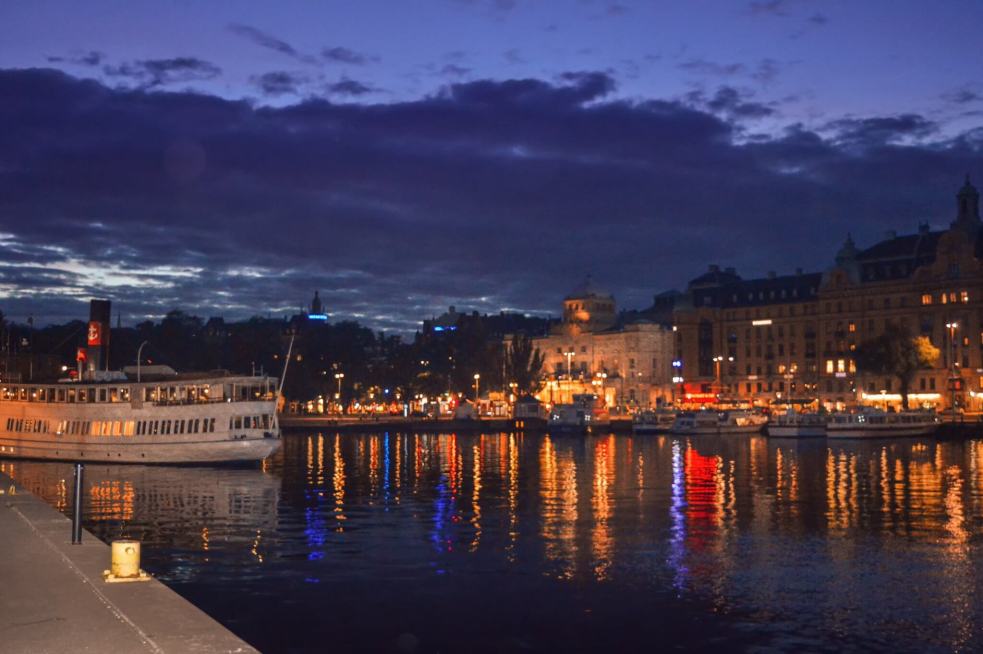 Stockholm boats at night:Strandvagen boulevard.