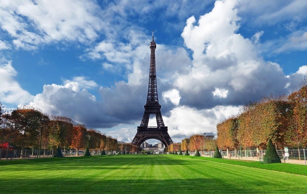 The Eiffel Tower rising above the gardens of Paris